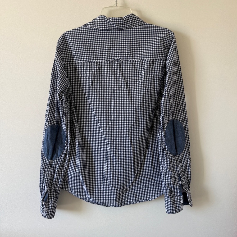 H&M Blue Gingham Elbow Patch Button-up down Shirt Top Collared Blouse